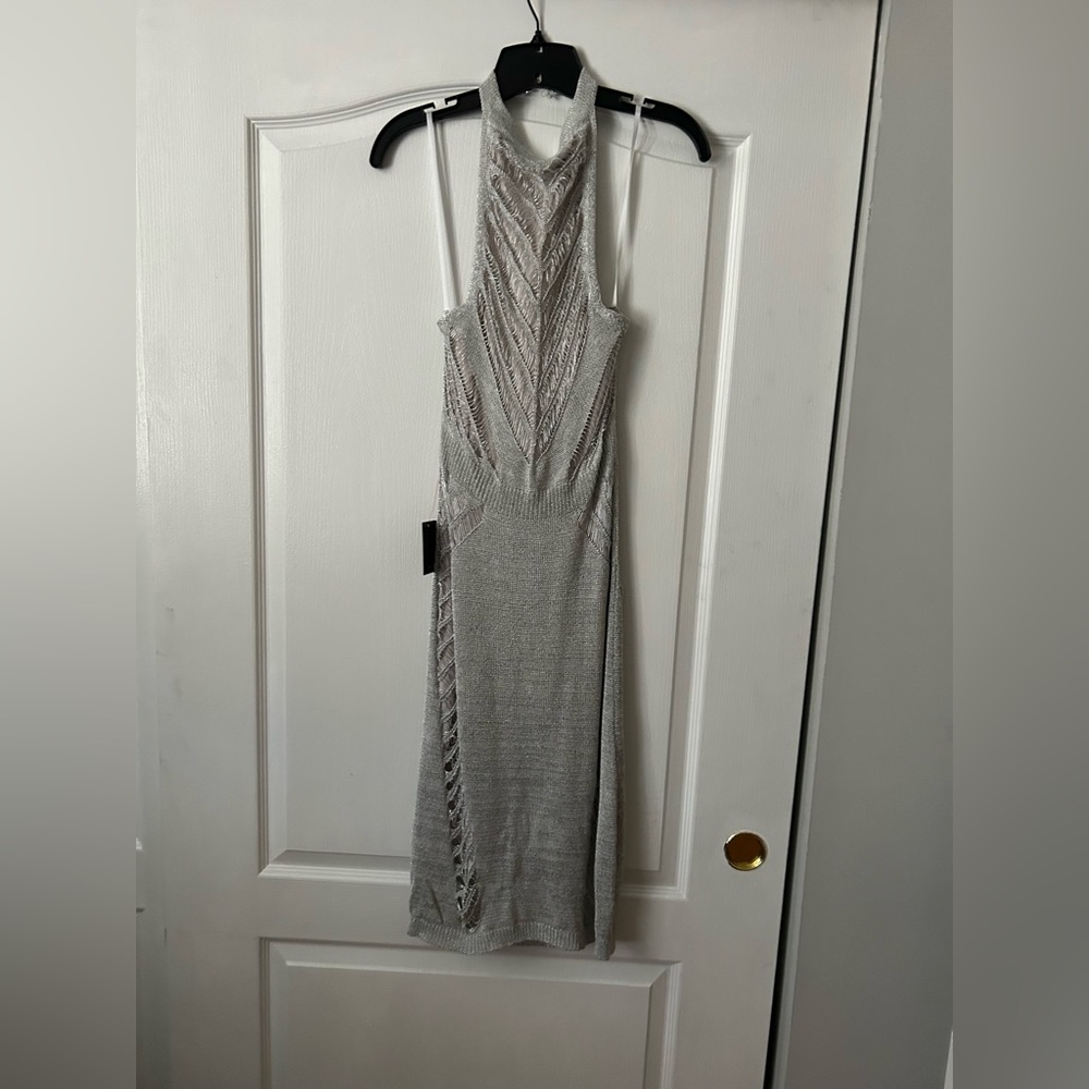 bebe Mercury Metallic Halter Dress bright white / silver size Medium
